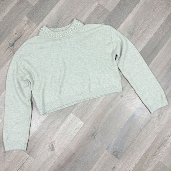 H&M Faux Pearl Beaded Neck Crop Sweater Mint Green Medium Long Sleeve - Picture 13 of 13